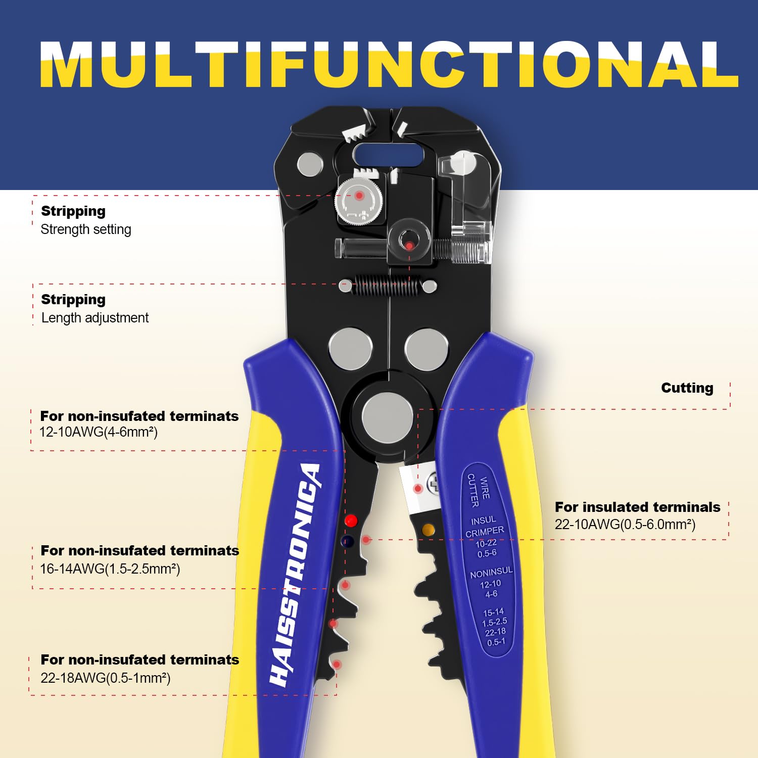 Multifunctional Haisstronica wire soldering connectors tool: Adjustable stripping strength/length for insulated/non-insulated terminals.