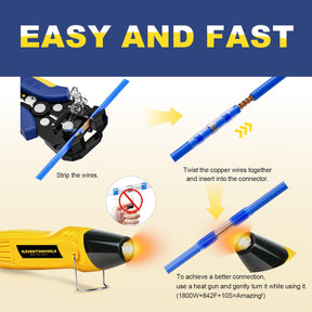 Haisstronica heat shrink soldering tutorial: Strip, twist wires, insert connector, and apply heat gun (842°F/10s) for perfect seal.