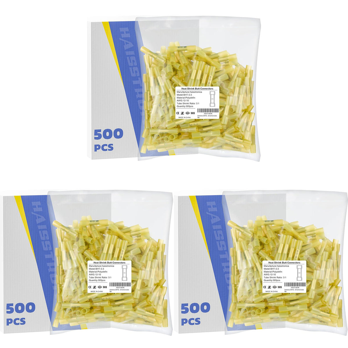 Light Replenishment - 3*500PCS 12-10 AWG Yellow Heat Shrink Butt Connectors