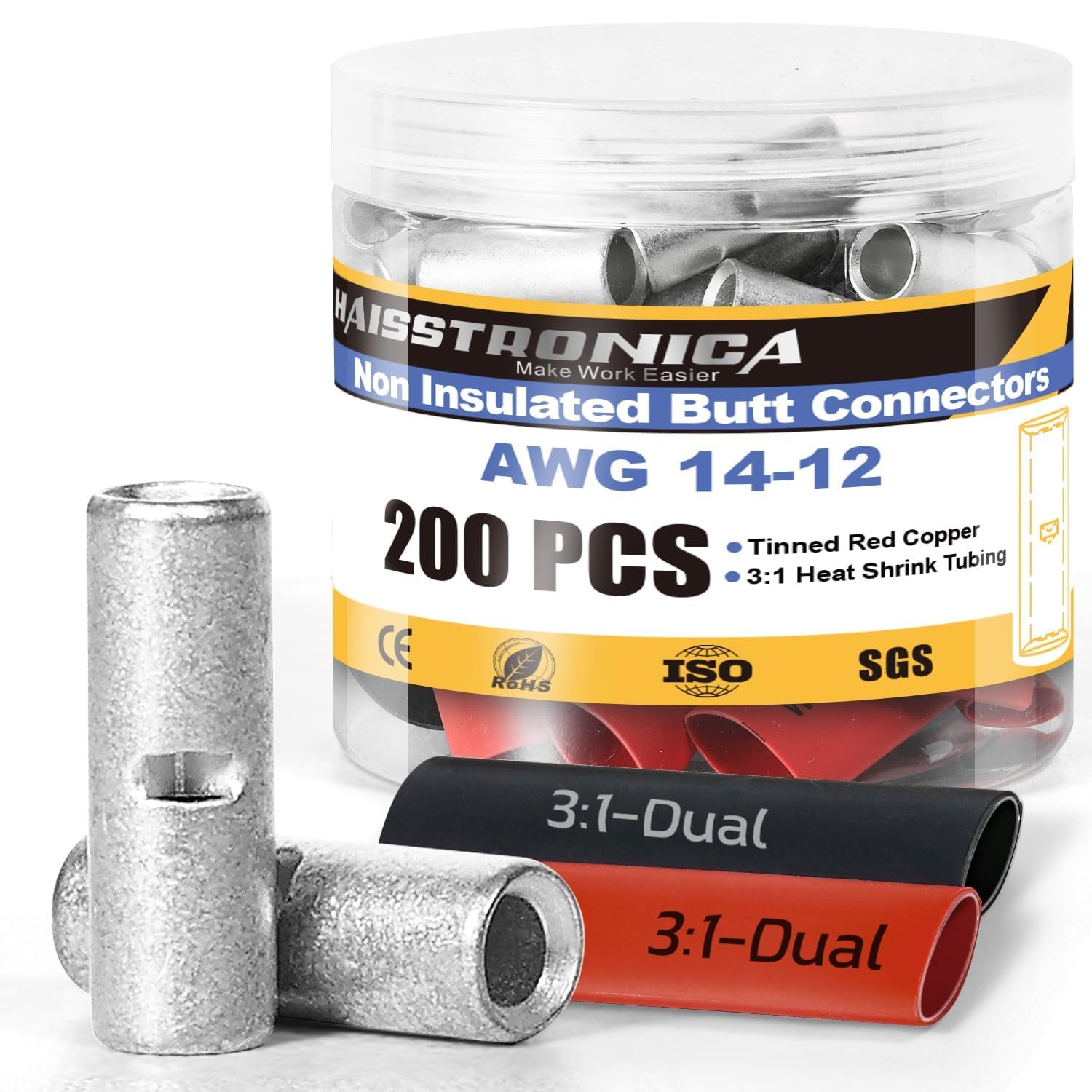 Haisstronica non insulated butt connectors: 200pcs AWG14-12 set with 3:1 heat shrink tubing and tinned copper. ROHS/ISO/SGS certified.