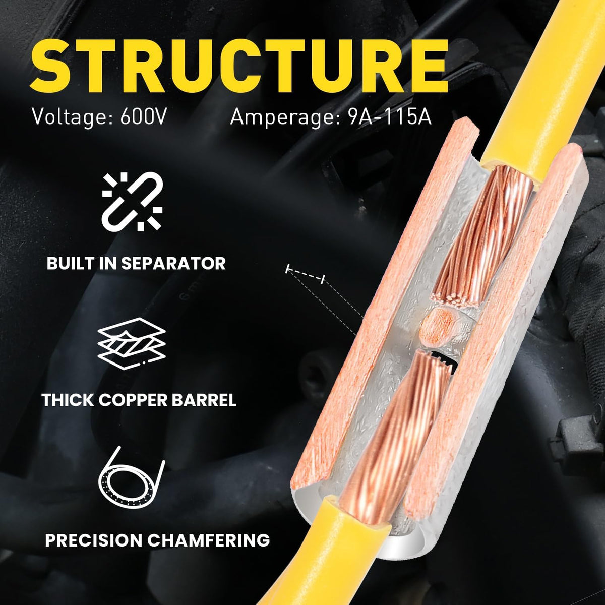 Structure of Haisstronica non insulated splice: 600V rating, 9A-115A amperage, thick copper barrel with precision chamfering.