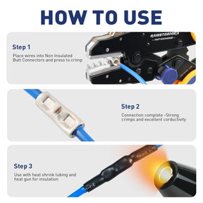 How to use Haisstronica non insulated but connectors: Crimp wires, ensure strong connection, then apply heat shrink tubing.