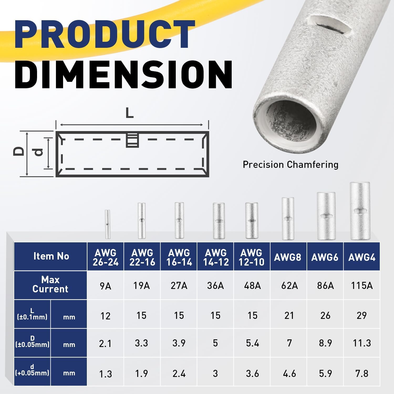 Haisstronica non insulated butt splice connectors dimension table: AWG4-26 specs including max current, L/D measurements.