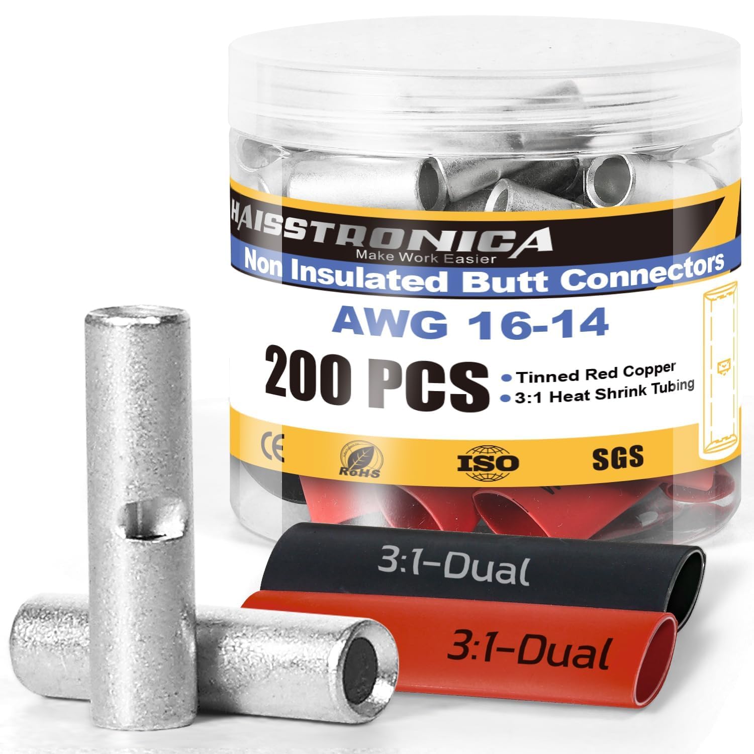 Haisstronica un insulated butt connectors: 200pcs AWG16-14 ROHS/ISO certified with dual-wall heat shrink.