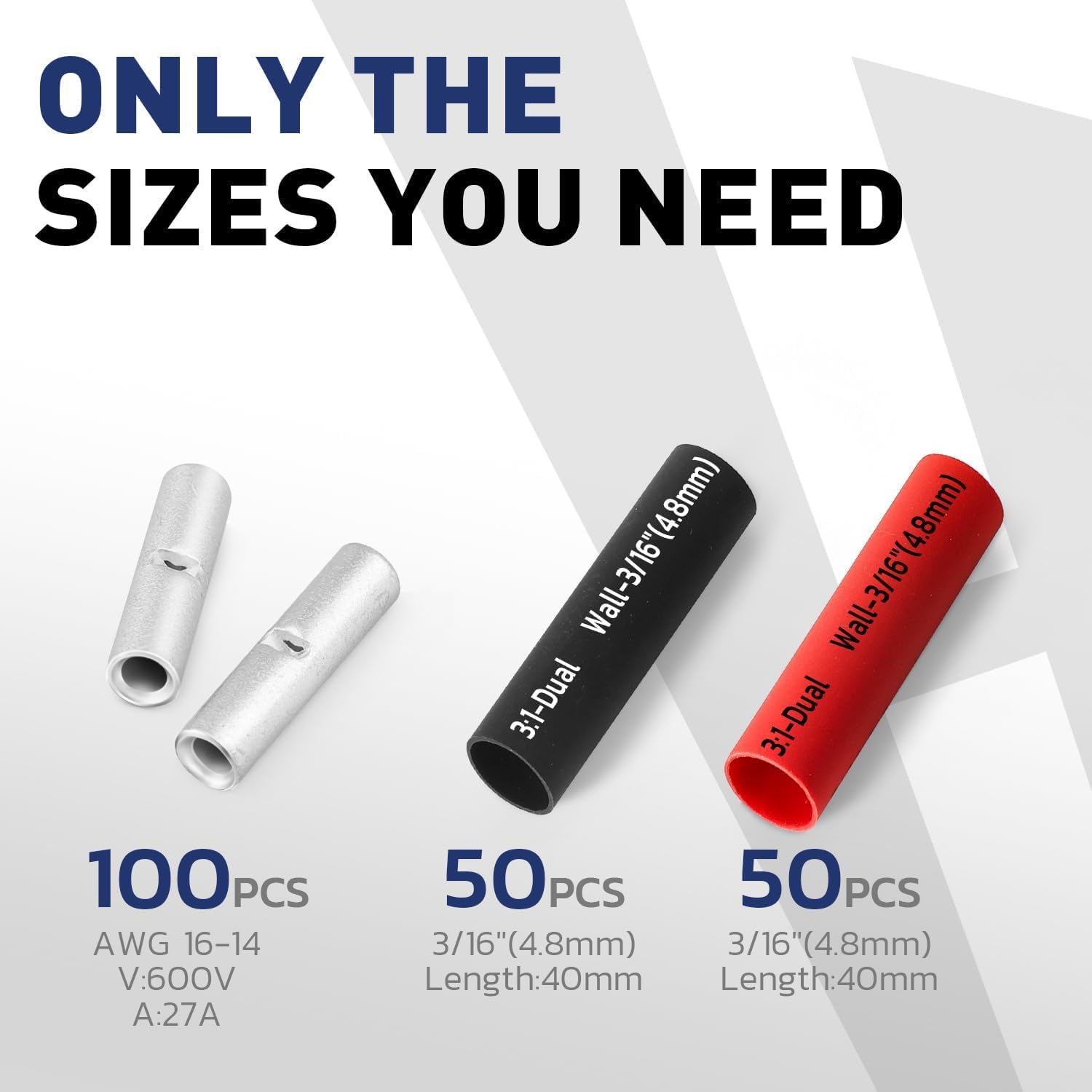 Haisstronica non insulated splice connectors kit: 100pcs AWG16-14 (27A) with 40mm heat shrink tubing.