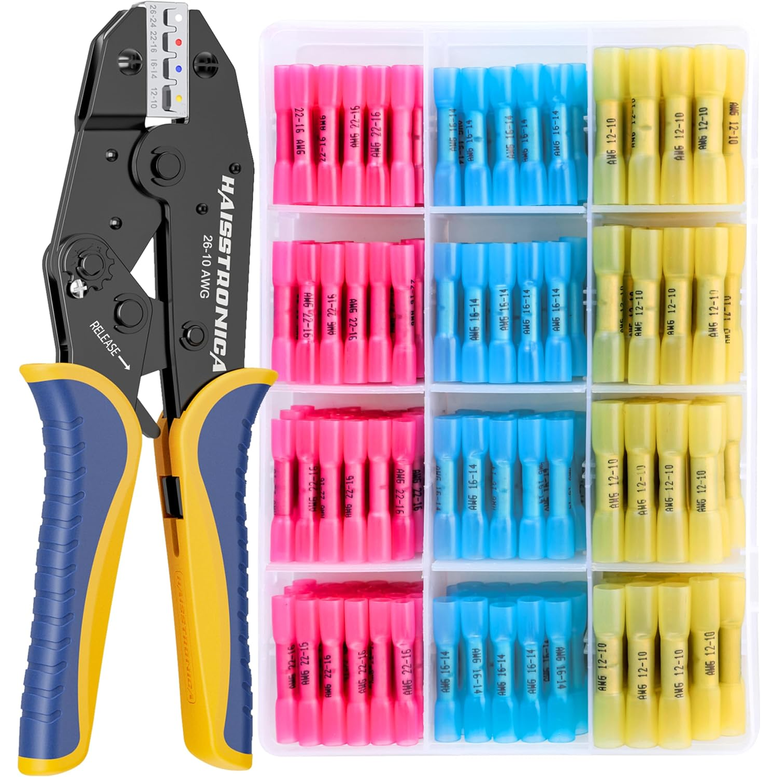Haisstronica heat shrink butt connectors, with adjustable crimping tool, professional splicing kit.