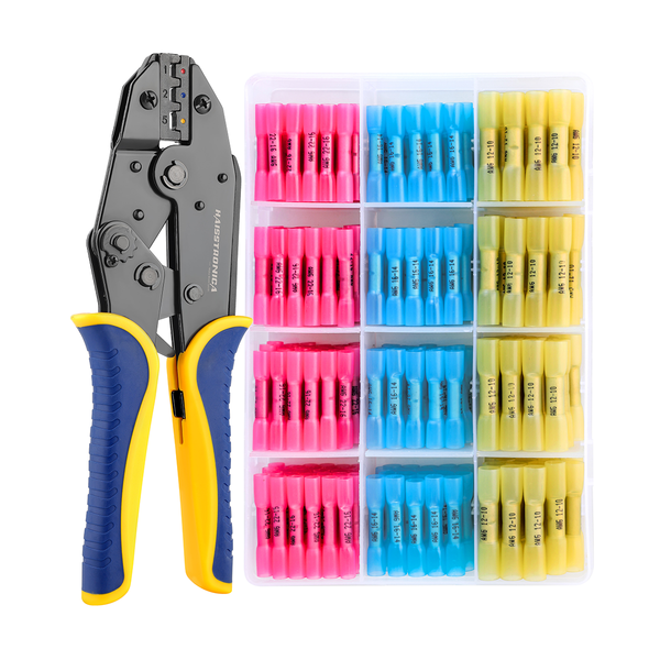 Haisstronica ratchet crimper and color-coded connector kit for complete wire repairs