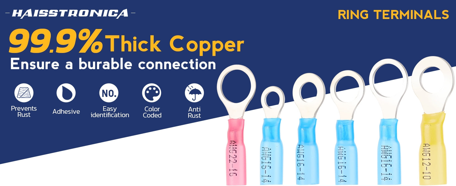 Bright color-coded terminal rings made with 99.9% thick copper, preventing rust and ensuring a strong crimp connection.