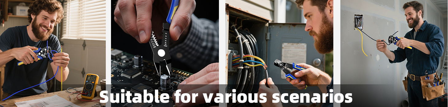 Montage shows pros using a rugged strip wire tool for household repairs, electronics work, breaker panels, and wall outlet installations.