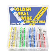 Solder wire connectors HAISSTRONICA 340PCS 12-10 to 22-18 AWG. Color-coded, transparent storage case with AWG labels.