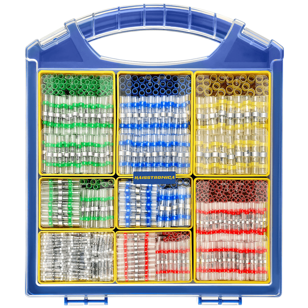 HAISSTRONICA solder seal butt connectors in removable storage box: secure latch for organization.