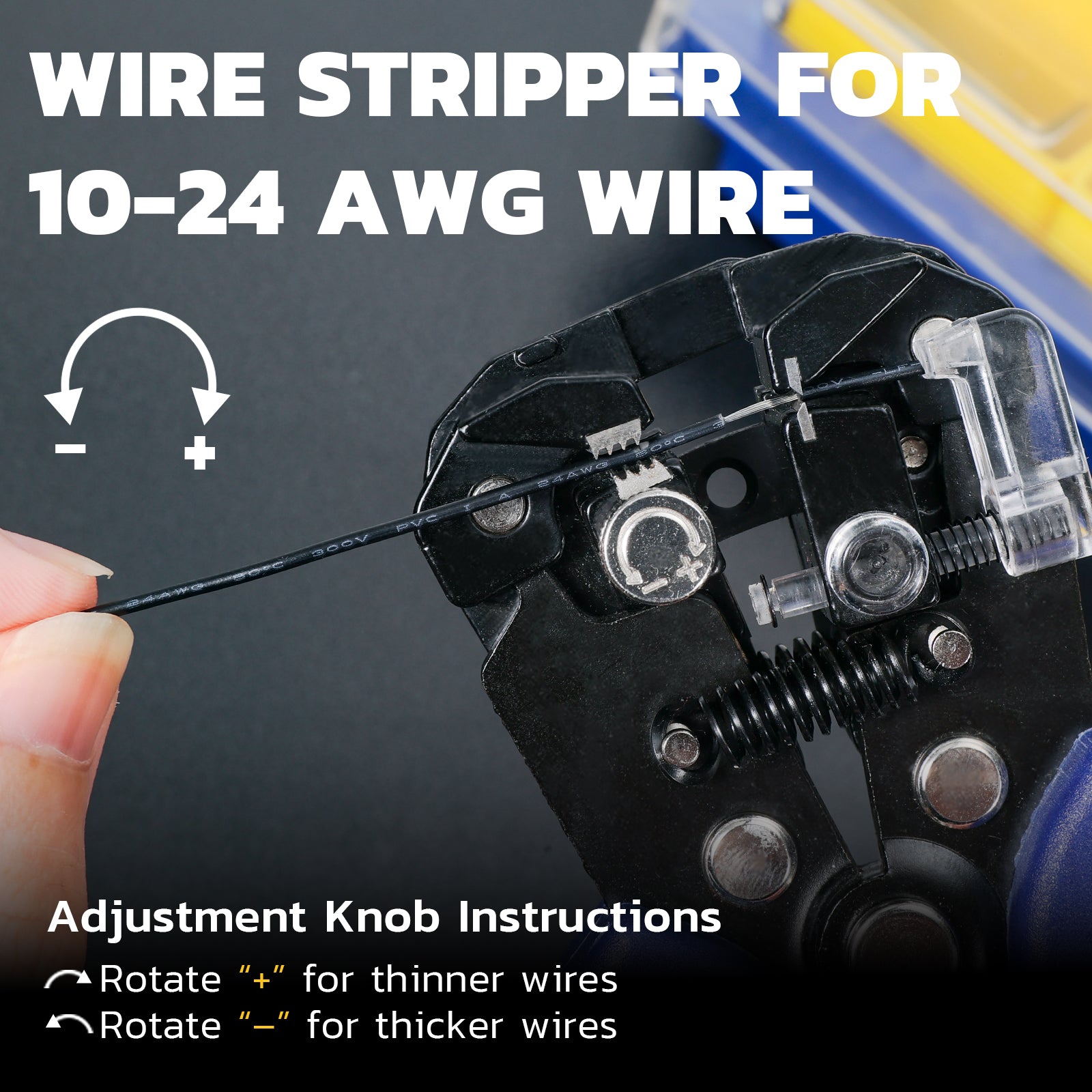 close-up of haisstronica automotive wire stripper knob for 10–24 AWG; turn plus or minus to match wire thickness.
