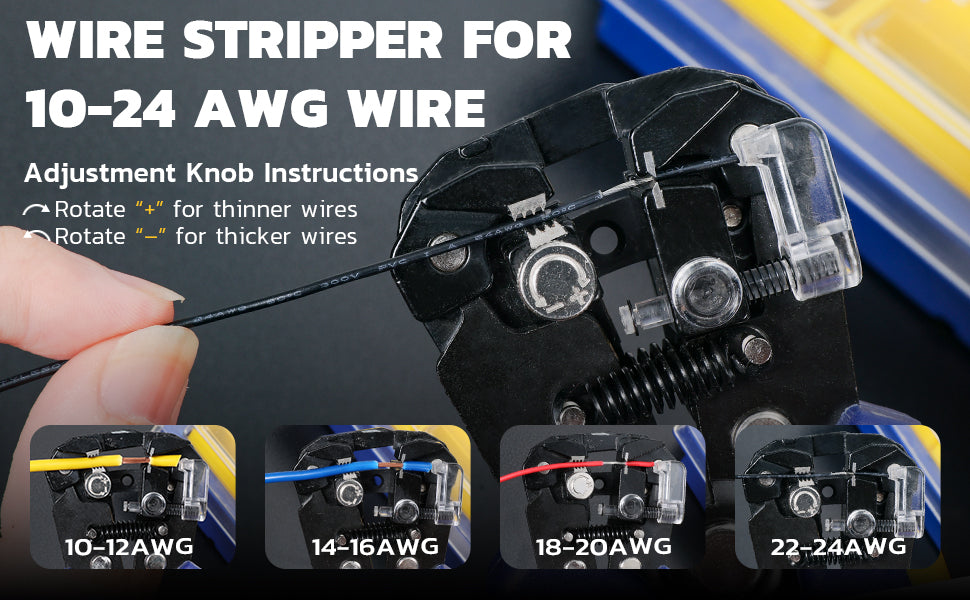 haisstronica automotive wire strippers showing knob positions for 10–12, 14–16, 18–20, 22–24 AWG insulation removal.