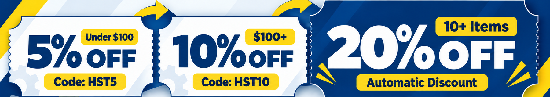 Coupon strip showing 5 percent and 10 percent discounts by order value