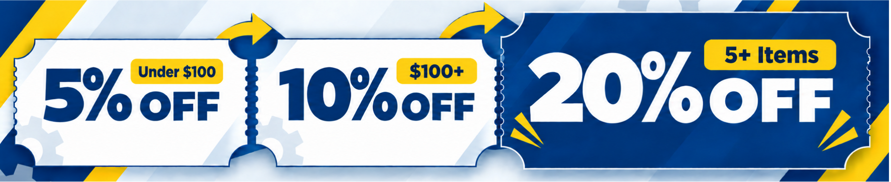 Coupon strip showing 15 percent and 20 percent order discounts