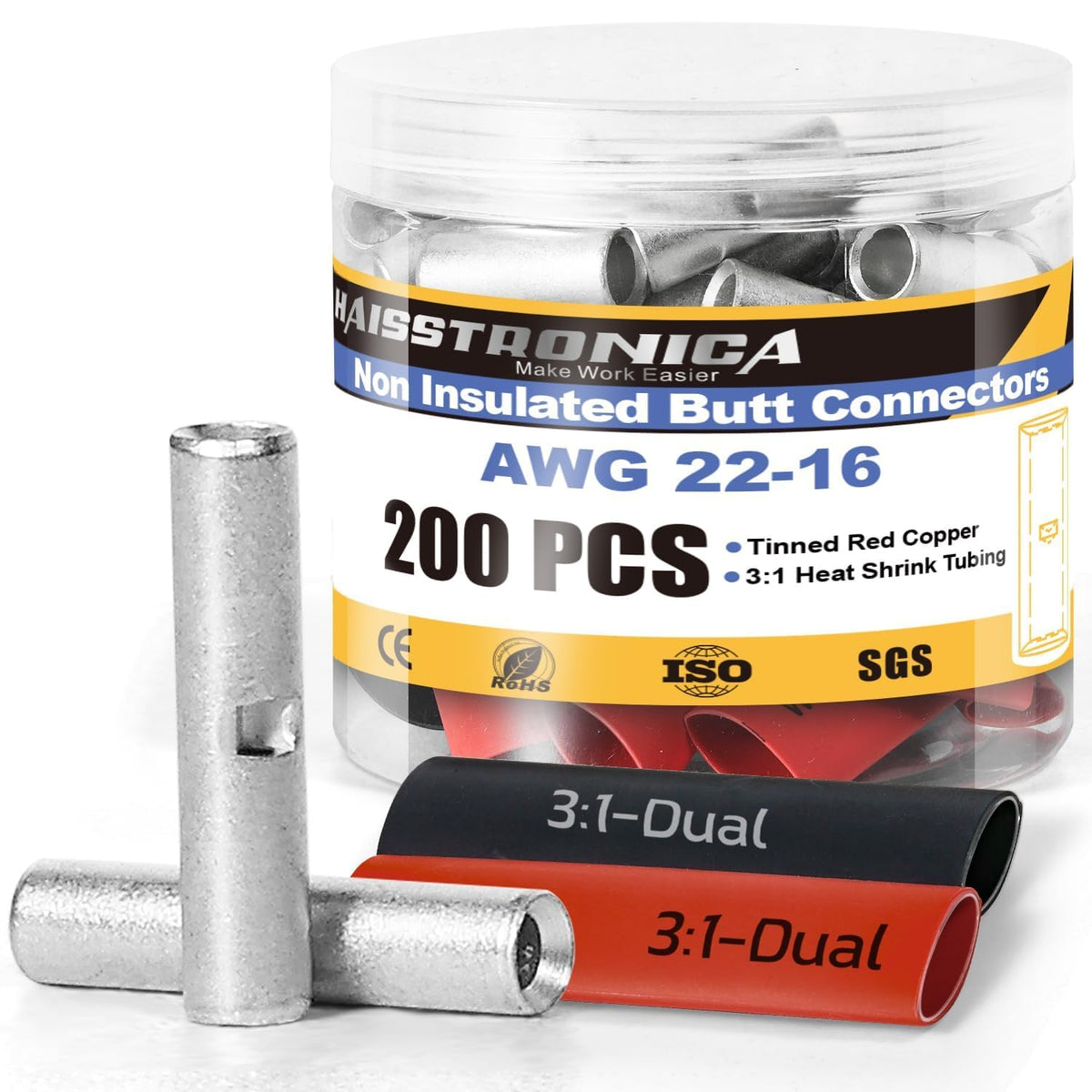 Haisstronica uninsulated butt connectors: 200pcs AWG22-16 set with 3:1 heat shrink tubing and tinned red copper.