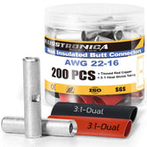 Haisstronica uninsulated butt connectors: 200pcs AWG22-16 set with 3:1 heat shrink tubing and tinned red copper.