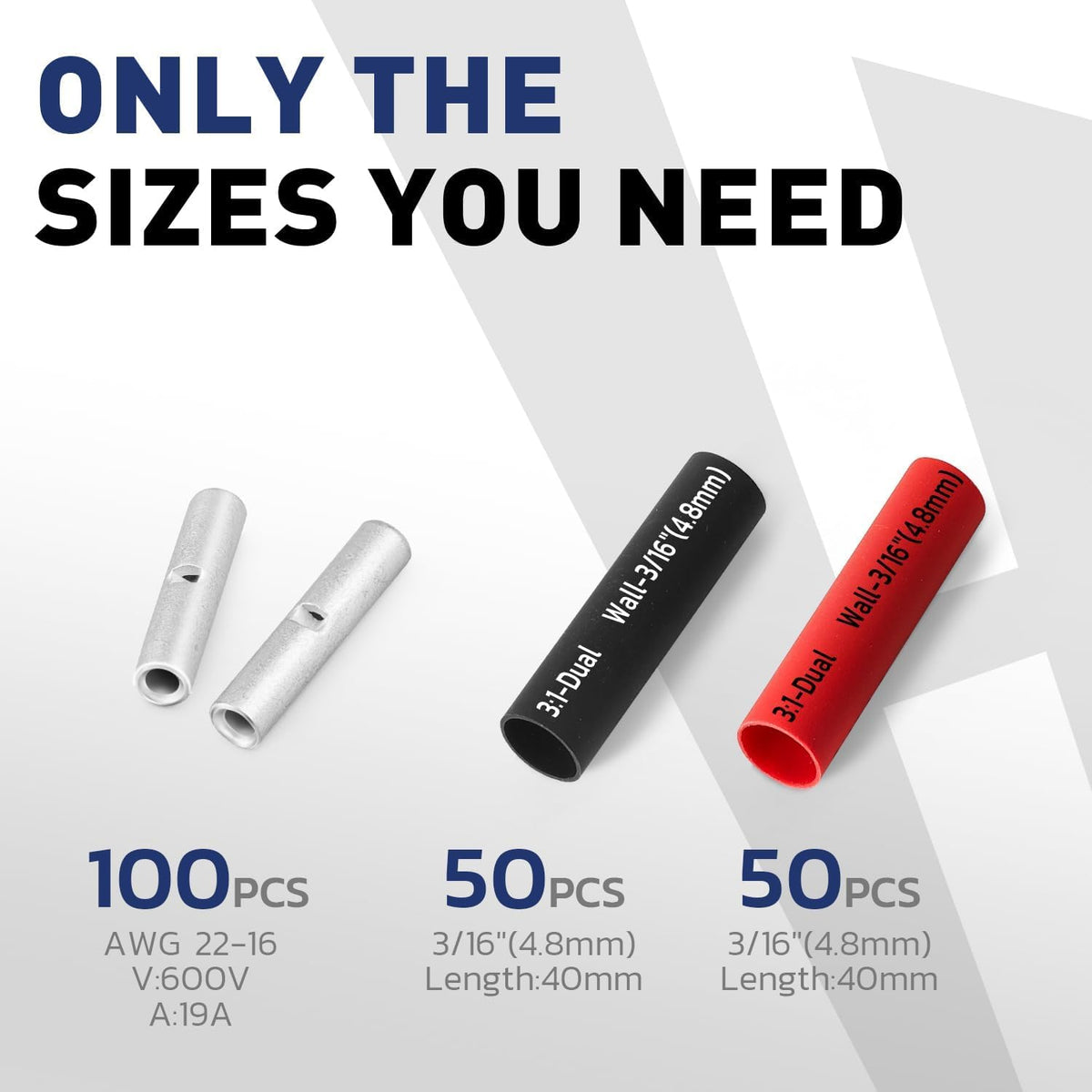 Haisstronica un insulated butt connectors kit: 100pcs AWG22-16 connectors with matching heat shrink tubing lengths.