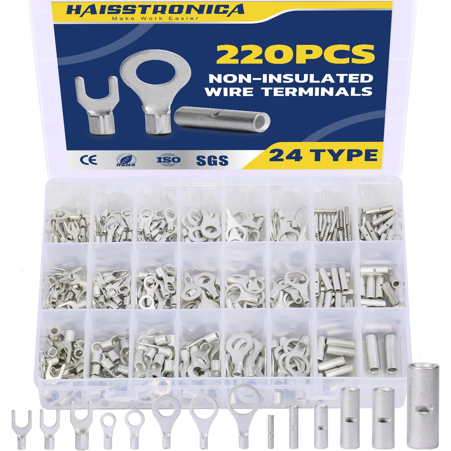 Haisstronica Lot de 100 cosses à anneau 3/8", AWG 16-14, connecteurs de fils en cuivre non isolés à soudure brasée