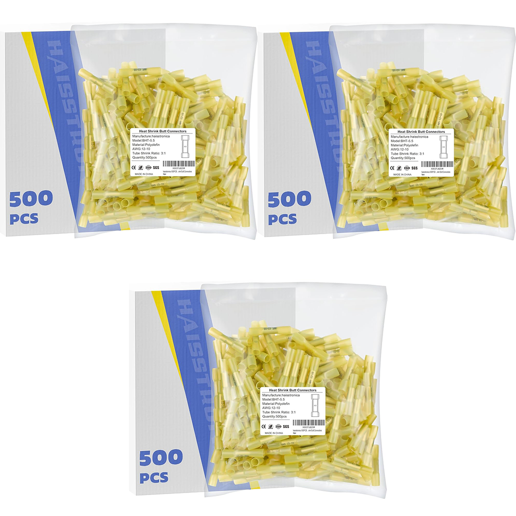 Light Replenishment - 3*500PCS 12-10 AWG Yellow Heat Shrink Butt Connectors
