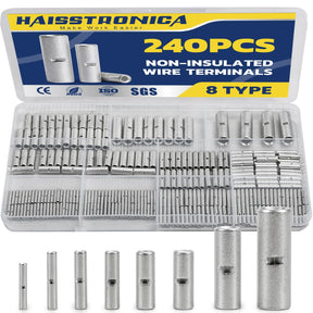 240 PCS non-insulated wire terminal connectors in a clear storage case, including butt connectors and splices for various wiring applications.