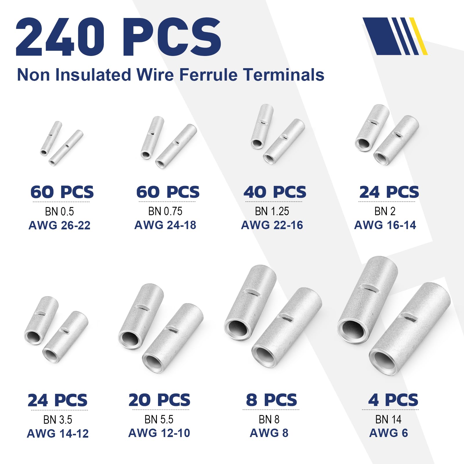 Non insulated connector ferrule terminals chart shows 240 pcs mix by BN sizes and AWG ranges for wiring projects.