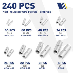 Non insulated connector ferrule terminals chart shows 240 pcs mix by BN sizes and AWG ranges for wiring projects.