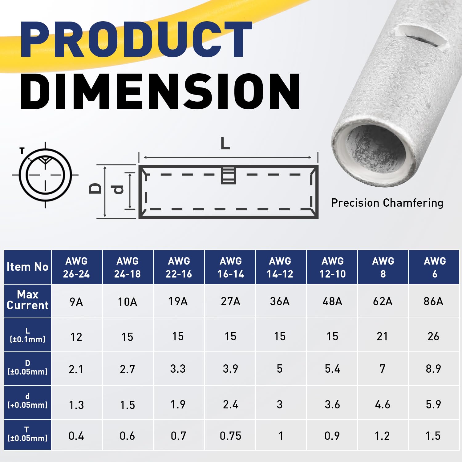 Non insulated dimension chart lists ferrule tube sizes, max current and measurements for multiple AWG wire ranges.