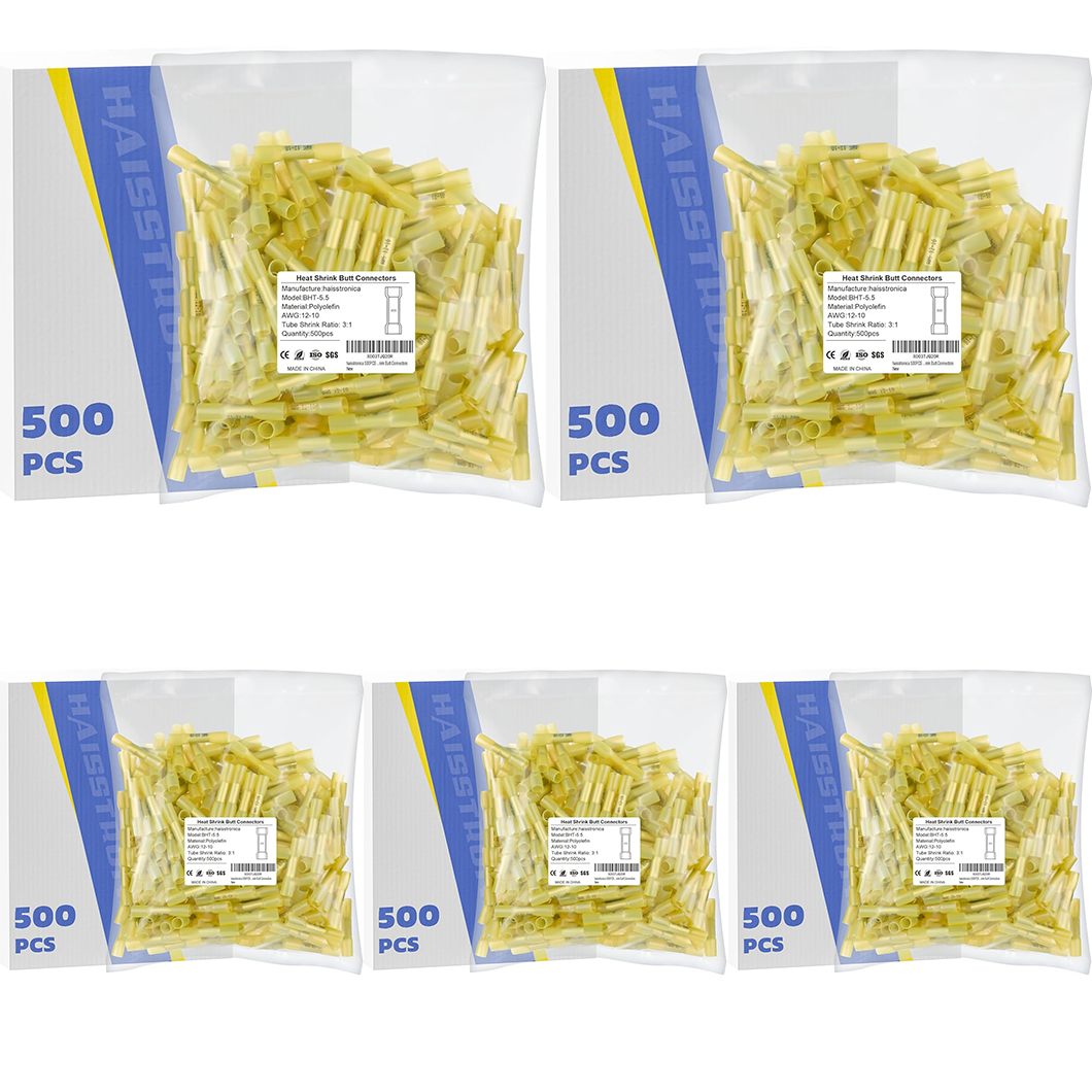 Standard Stock - 5*500PCS 12-10 AWG Yellow Heat Shrink Butt Connectors