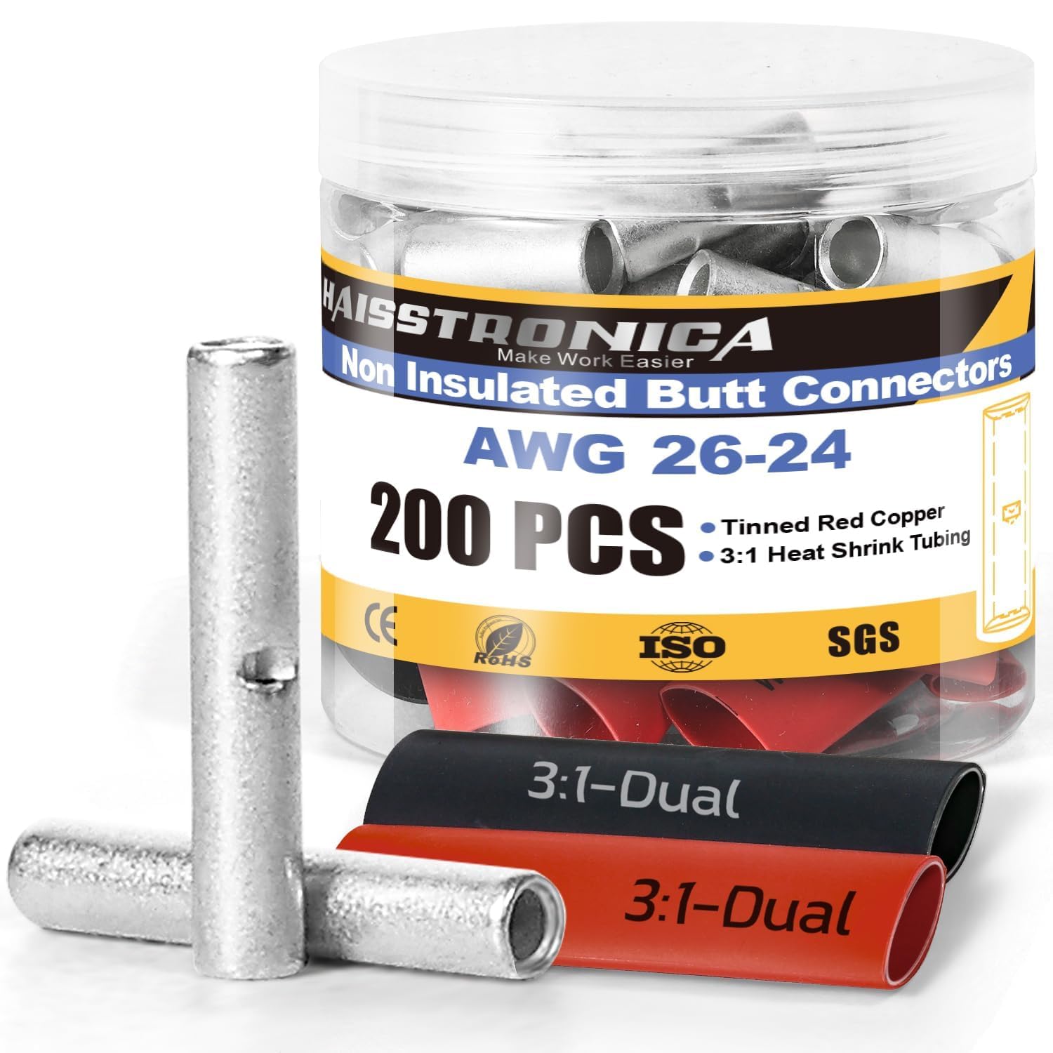 Haisstronica non insulated butt splice connectors: 200pcs AWG26-24 with tinned copper cores and heat shrink.