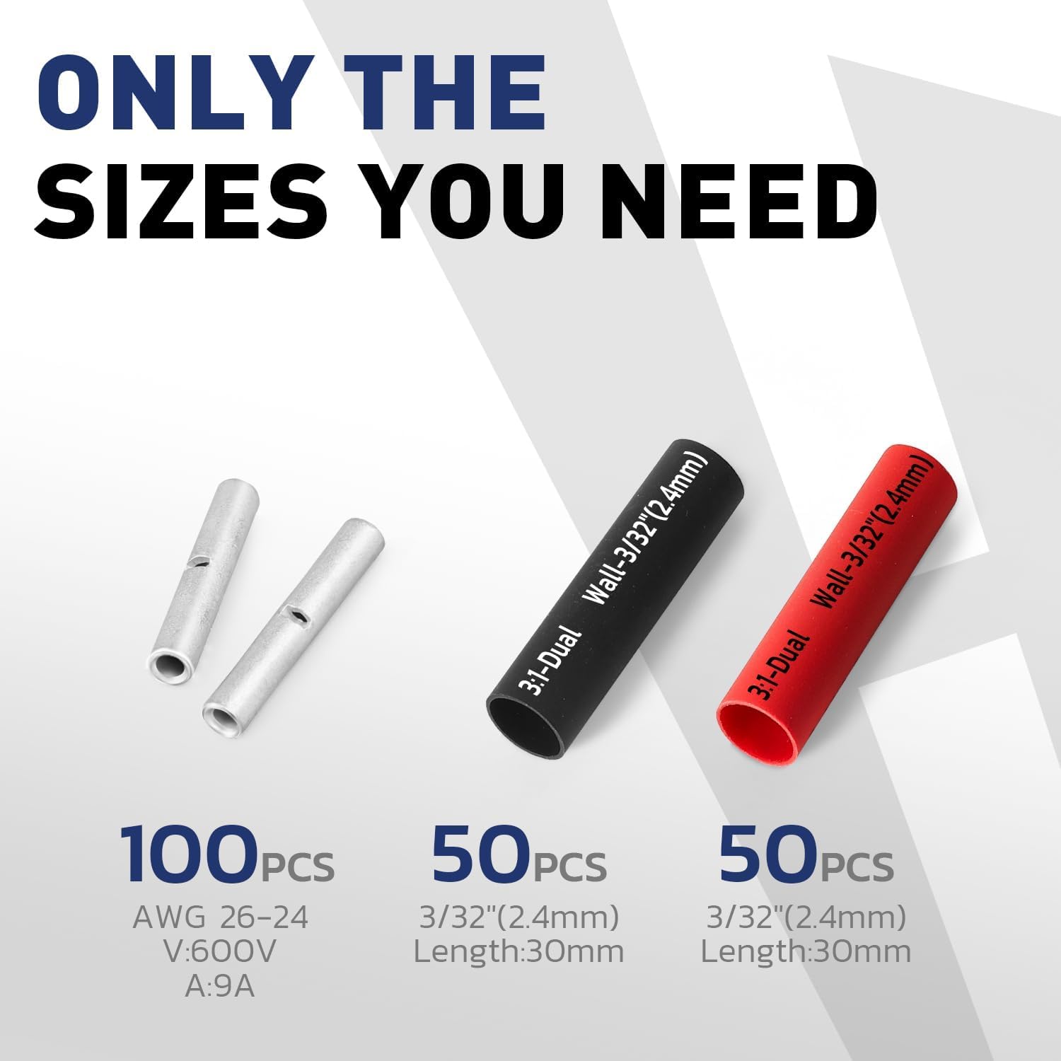Haisstronica non insulated splice kit: 100pcs AWG26-24 (600V/9A) with 30mm heat shrink tubing.