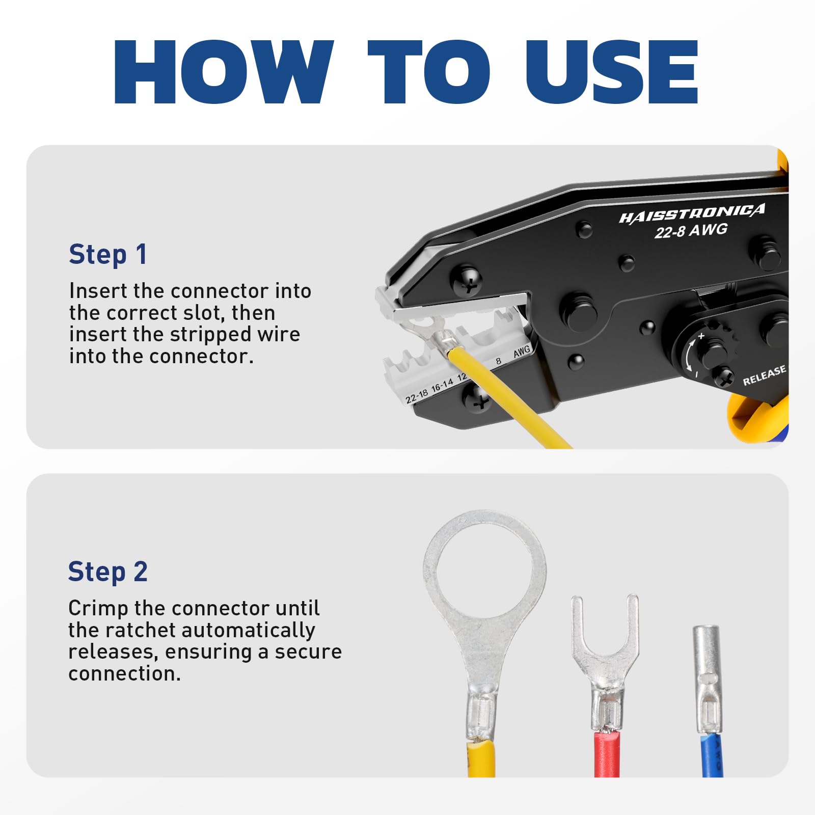 Haisstronica crimping dies for non-insulated terminals (AWG 22-14, 12-10) with heavy-duty copper crimps.