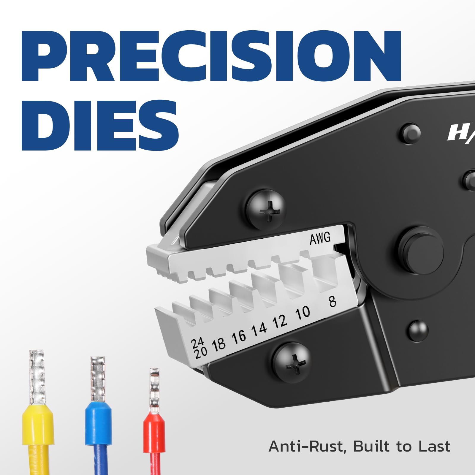 Haisstronica crimper dies for non-insulated wire end crimps (AWG 20-10) in automotive repairs.