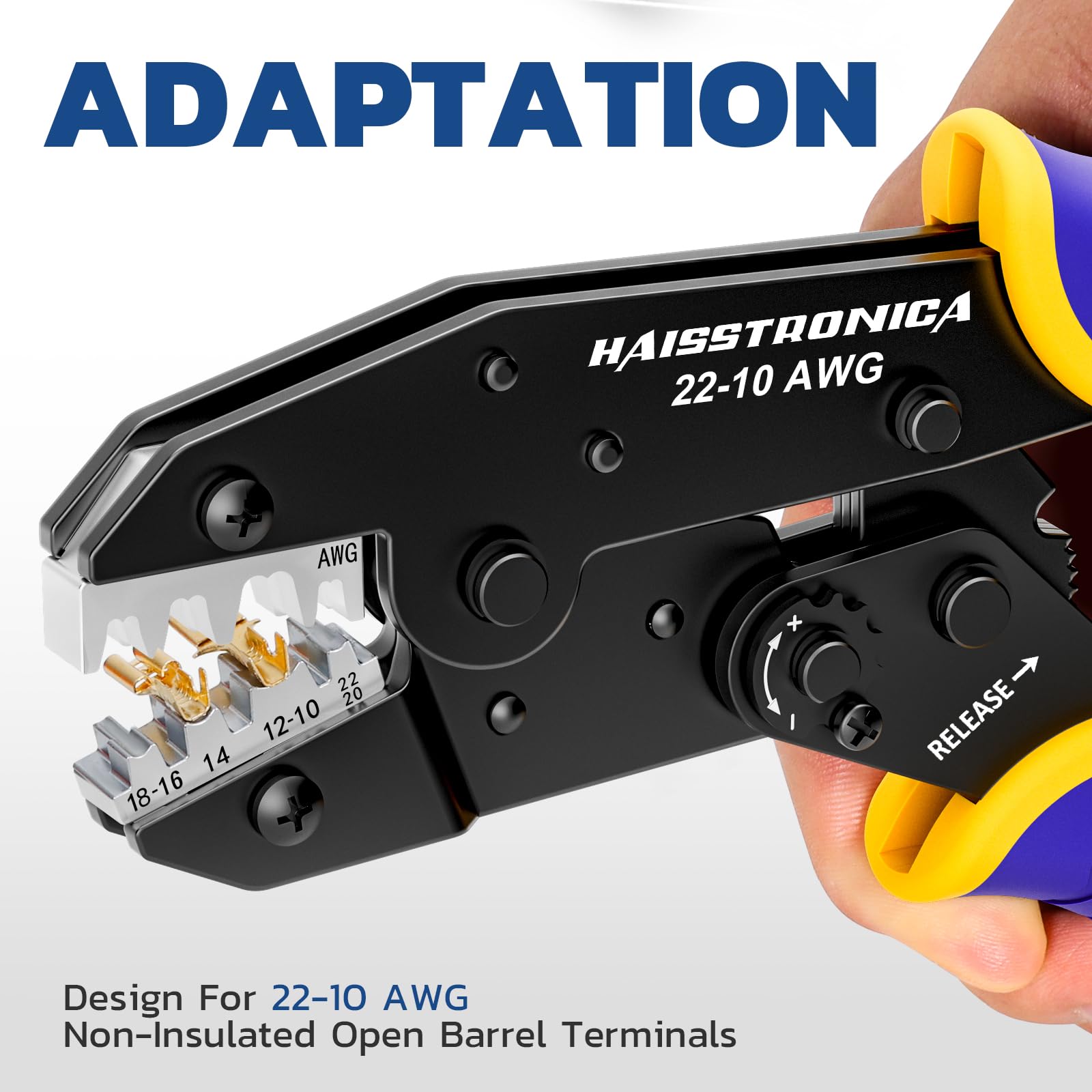 Haisstronica crimp tool die for secure end crimps (AWG 16-14) in high-vibration environments.