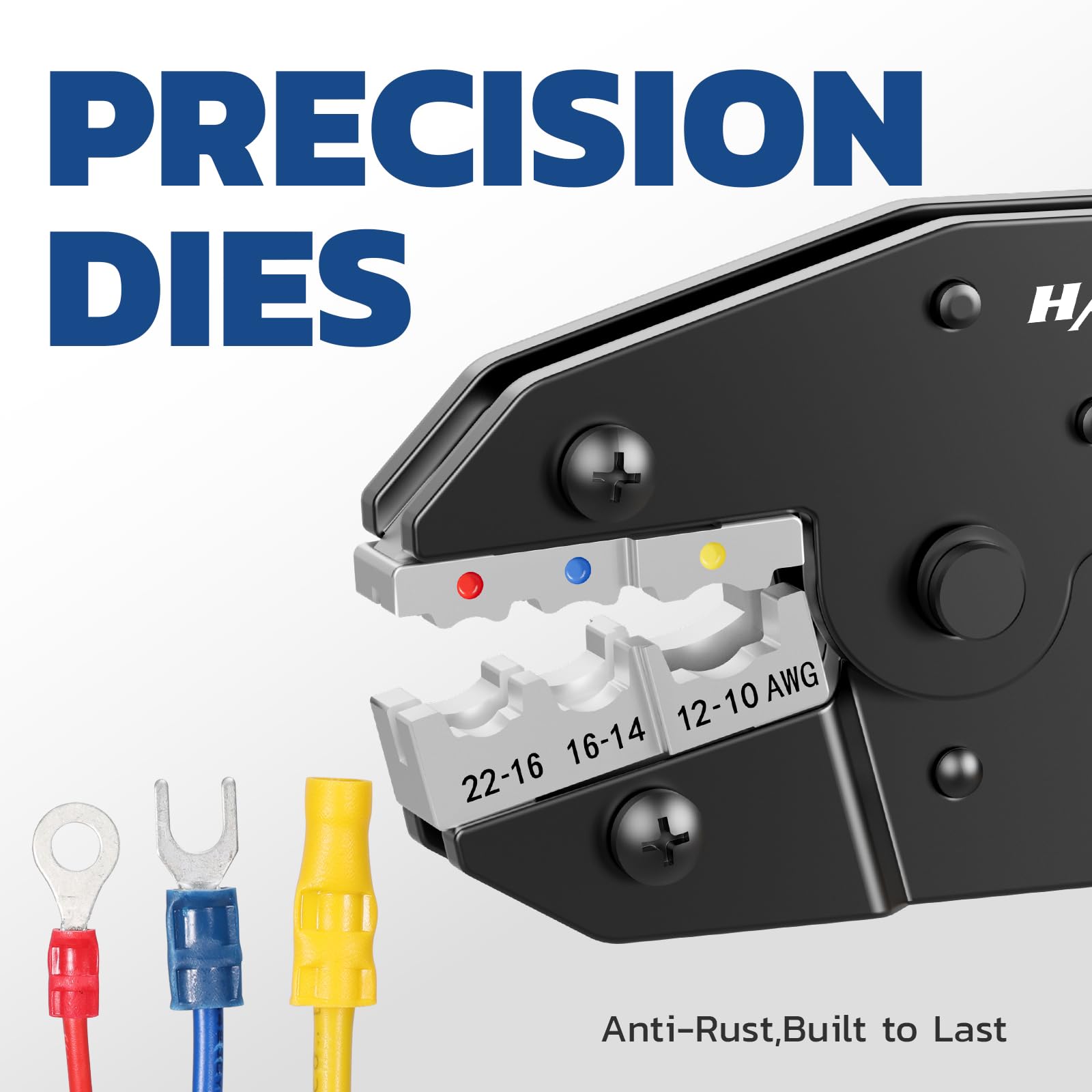 Haisstronica crimping dies for insulated terminals: AWG 22-16, 16-14, and 12-10 crimps with precision alignment.