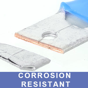 Close-up of corrosion resistant wiring spade connectors with tinned copper core and flat blade design for secure electrical crimping.