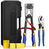 Haisstronica pex crimper tool and cable cutter kit standing beside rugged carry case with extra yellow trays for lugs