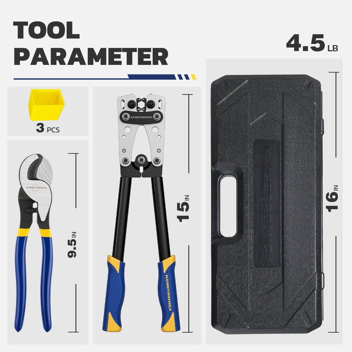 Specification graphic of crimp tool pex set, listing handle length, case size, tray quantity and kit weight in pounds