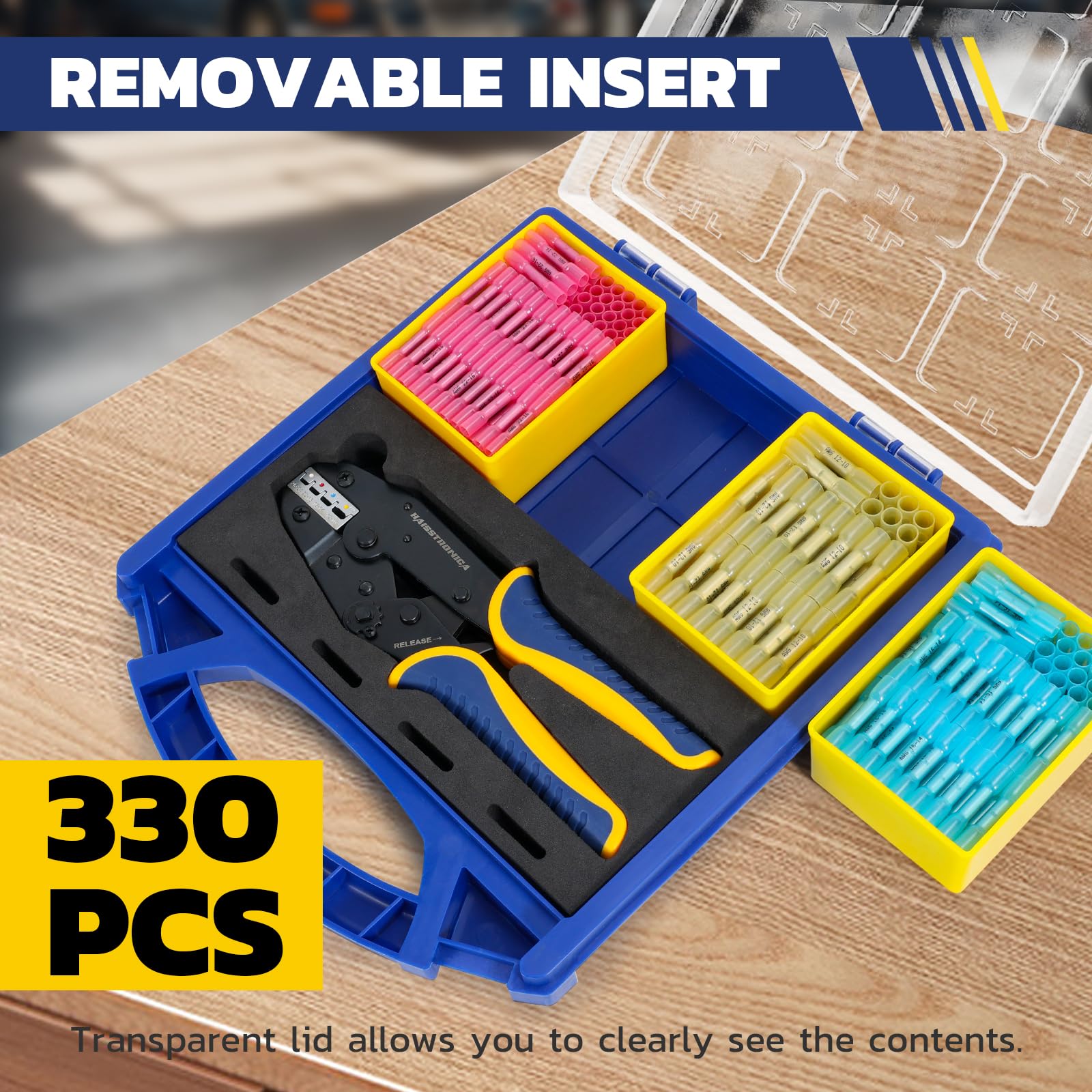Open blue organizer holding a ratcheting crimping tool and 330 heat shrink butt connectors in removable yellow bins, with a clear hinged lid.