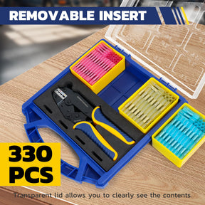 Open blue organizer holding a ratcheting crimping tool and 330 heat shrink butt connectors in removable yellow bins, with a clear hinged lid.