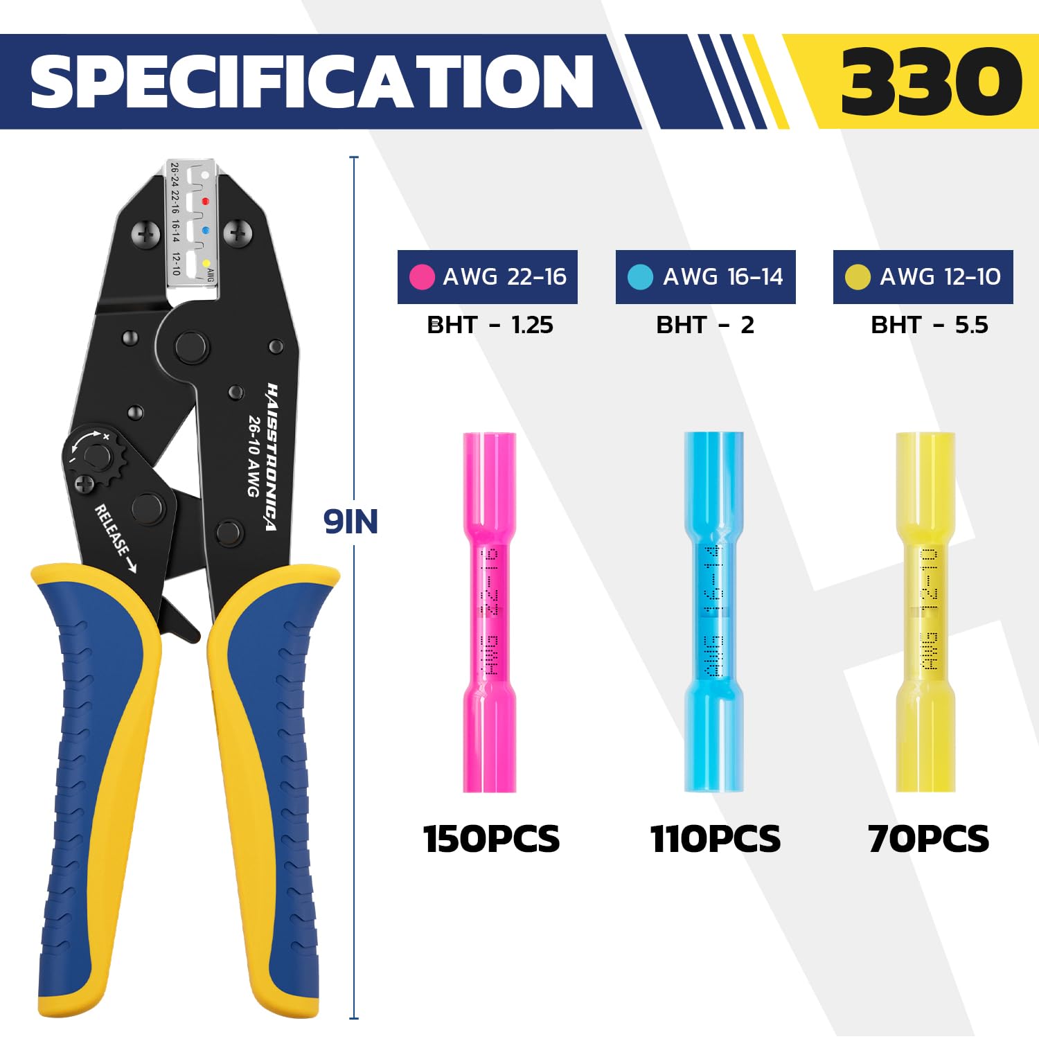330-piece heat shrink butt connector chart with a 9-inch ratcheting crimper and red, blue and yellow connectors for 22-10 AWG wire.