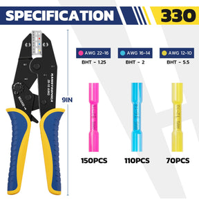 330-piece heat shrink butt connector chart with a 9-inch ratcheting crimper and red, blue and yellow connectors for 22-10 AWG wire.