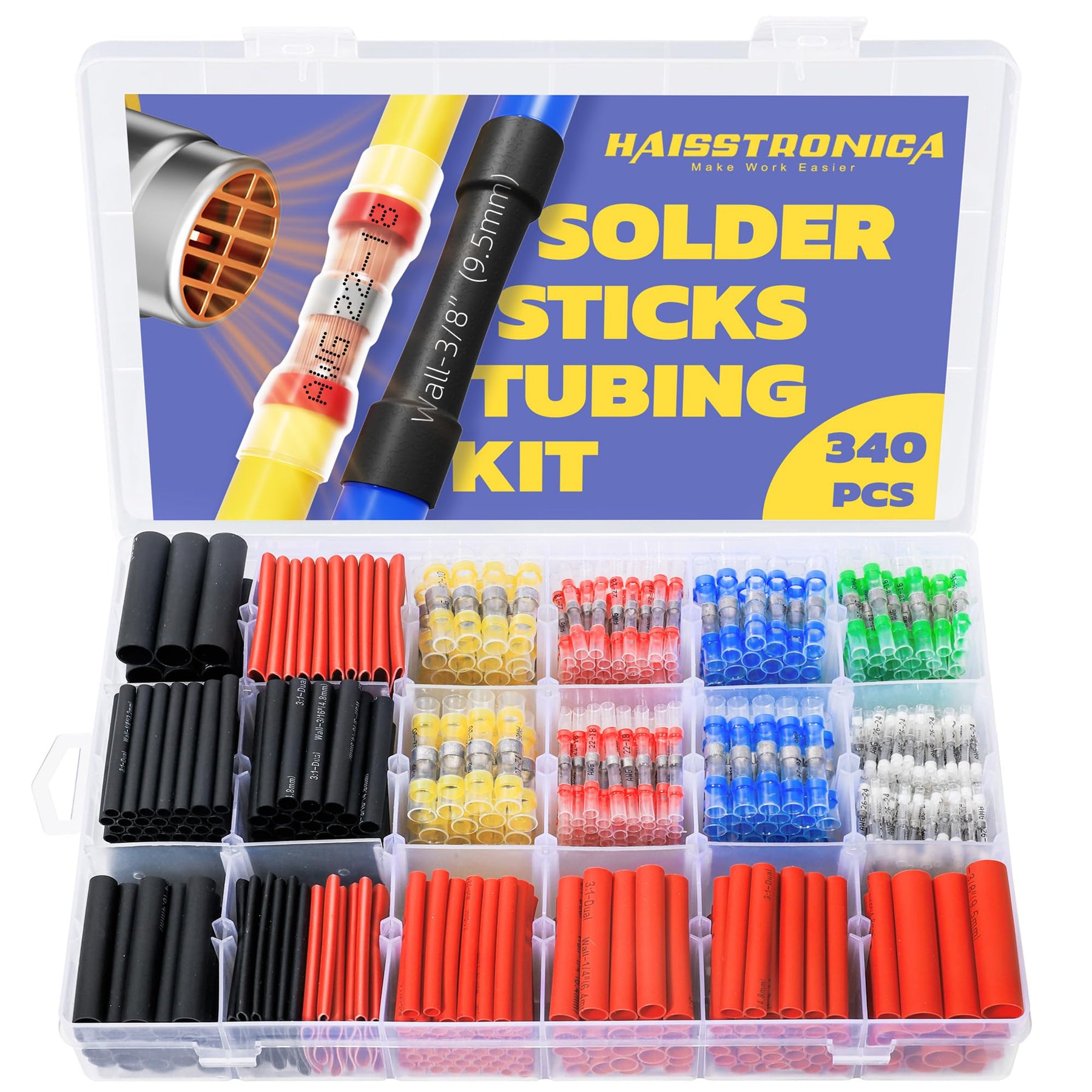 Haisstronica solder sticks tubing kit (340pc): Waterproof wire connectors with integrated heat-activated solder rings.