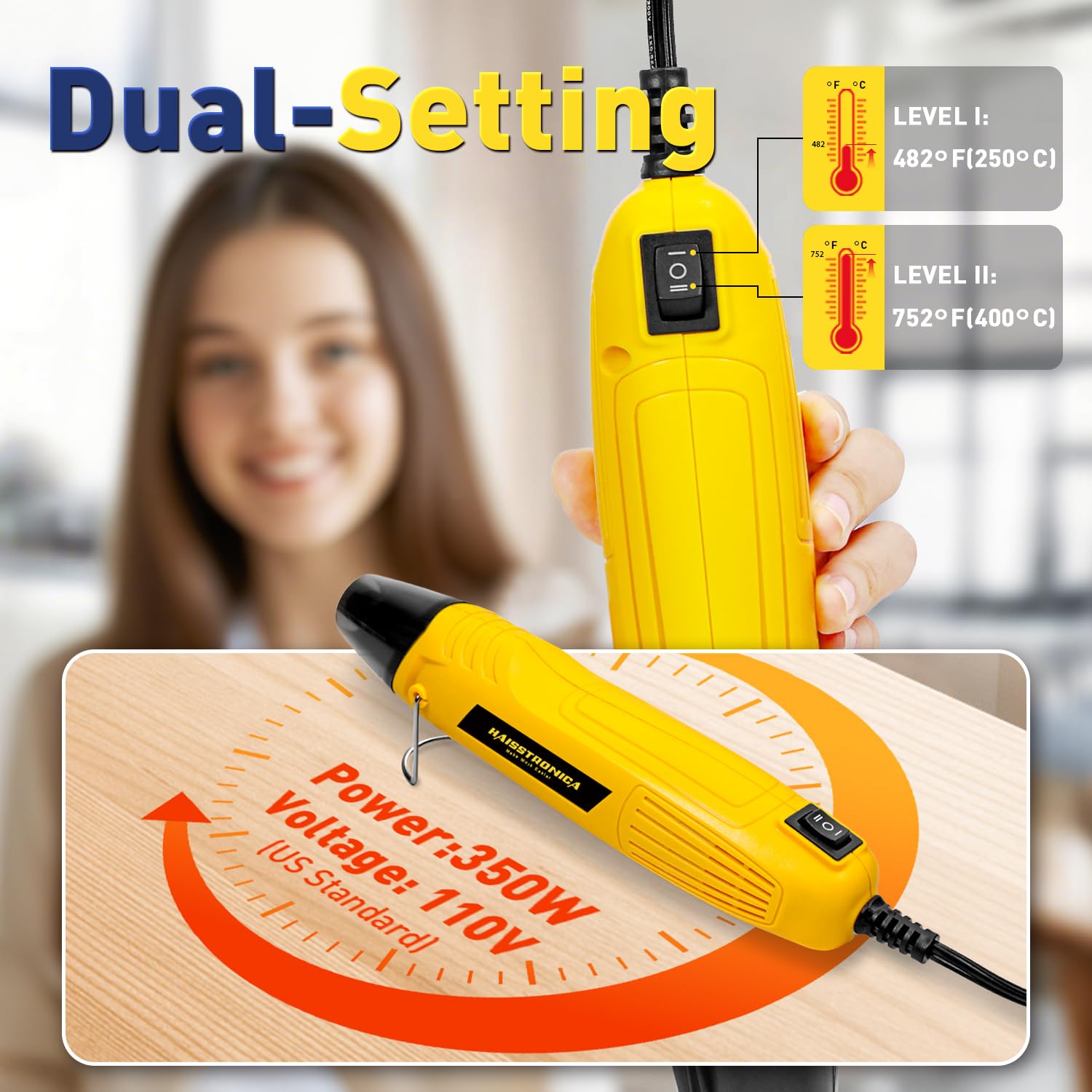 Haisstronica dual-temperature heat gun: 350W tool with Level I (482°F) and Level II (752°F) settings for solder connectors