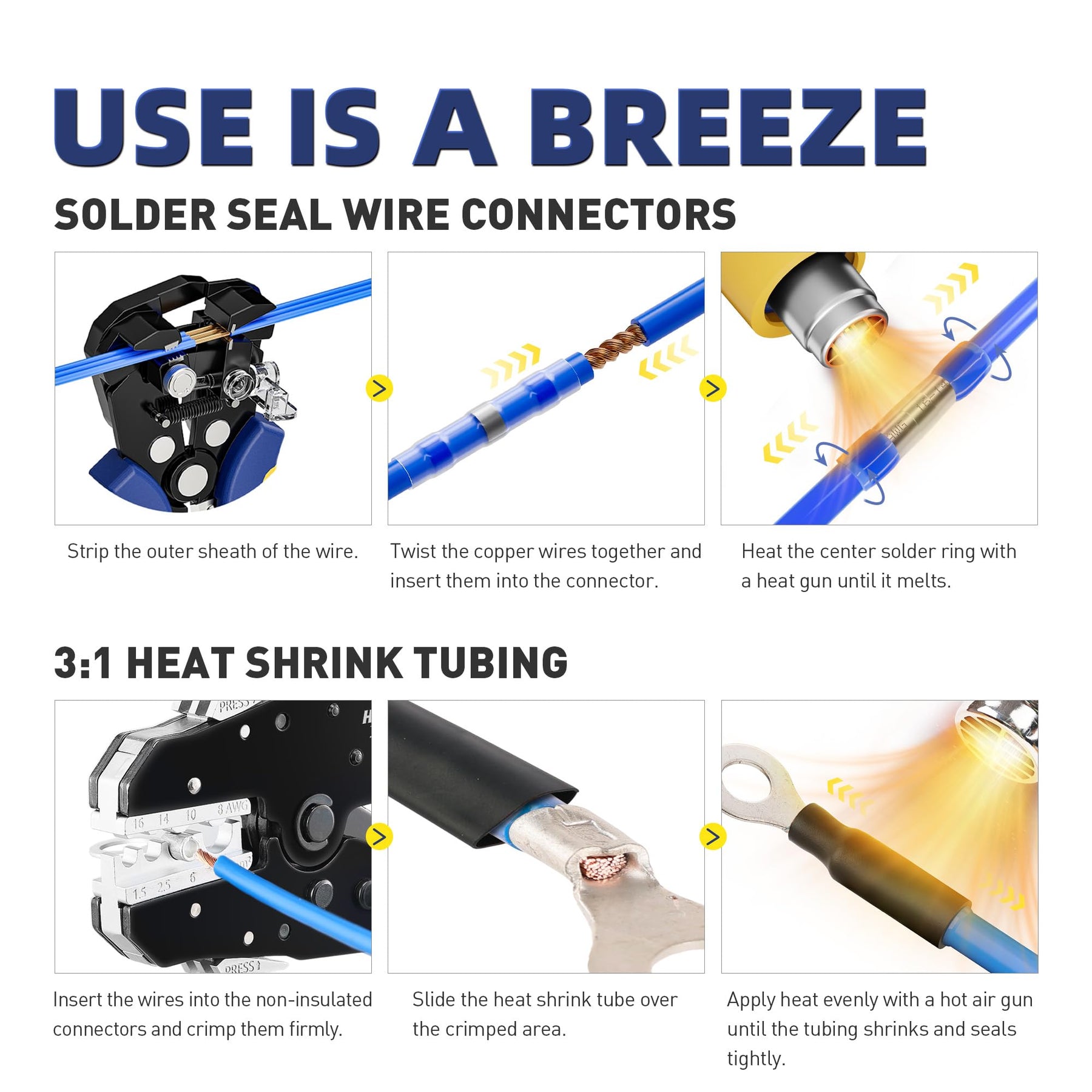 Using Haisstronica soldering connectors: Strip wires, insert into connector, heat solder ring until melted for waterproof seal.