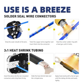 Using Haisstronica soldering connectors: Strip wires, insert into connector, heat solder ring until melted for waterproof seal.