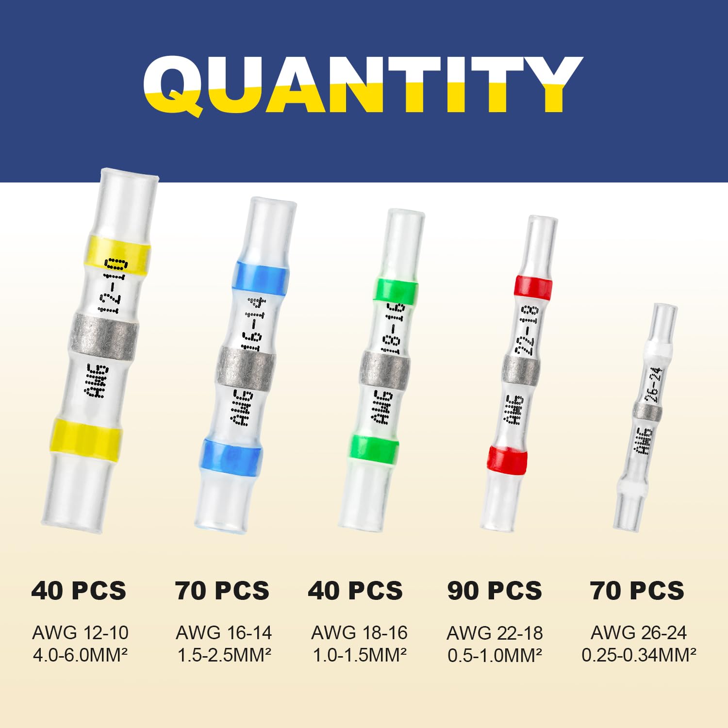 340-pcs Haisstronica solder wire connectors kit: 40-90pcs sets for AWG10-26 wires (0.25-6mm²) in multiple gauges.
