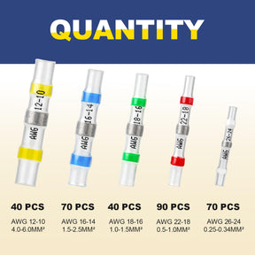340-pcs Haisstronica solder wire connectors kit: 40-90pcs sets for AWG10-26 wires (0.25-6mm²) in multiple gauges.