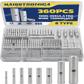 360 PCS non-insulated wire ferrule connectors with various sizes for effective and safe wire terminations and connections.