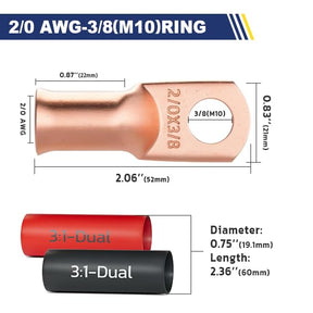 20PCS Bare Battery Cable Copper Wire Lugs with 10pcs 3:1 Adhesive Heat Shrink Tubing